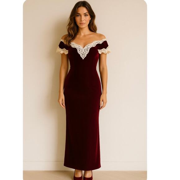 Vintage Jessica McClintock Maroon Velvet Bridesmaid Prom Homecoming Formal Gown - Picture 1 of 14
